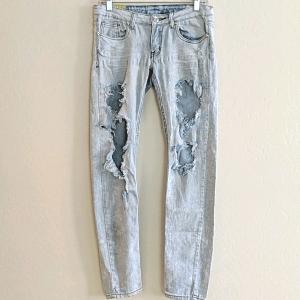 Machine Distressed Low Rise Slim Denim Light Wash Jeans - Size 7/29
